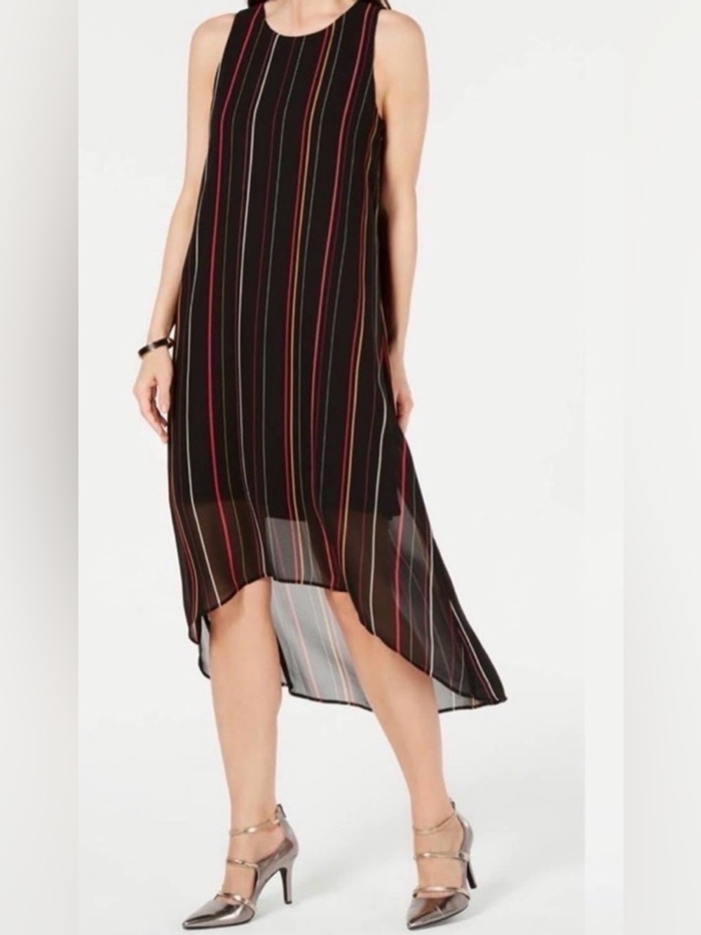 Alfani | Black Multi-Stripe High-Low Dress Women’s Size 12 | Sleeveless Flowy